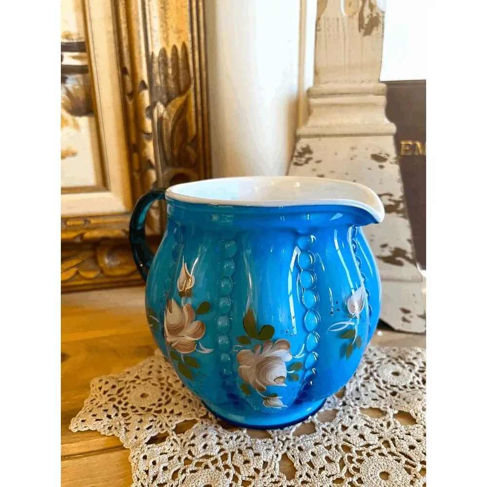 Vintage Fenton Melon Rib Blue Topaz Pitcher – 1992 Hand Painted Floral Art Glass